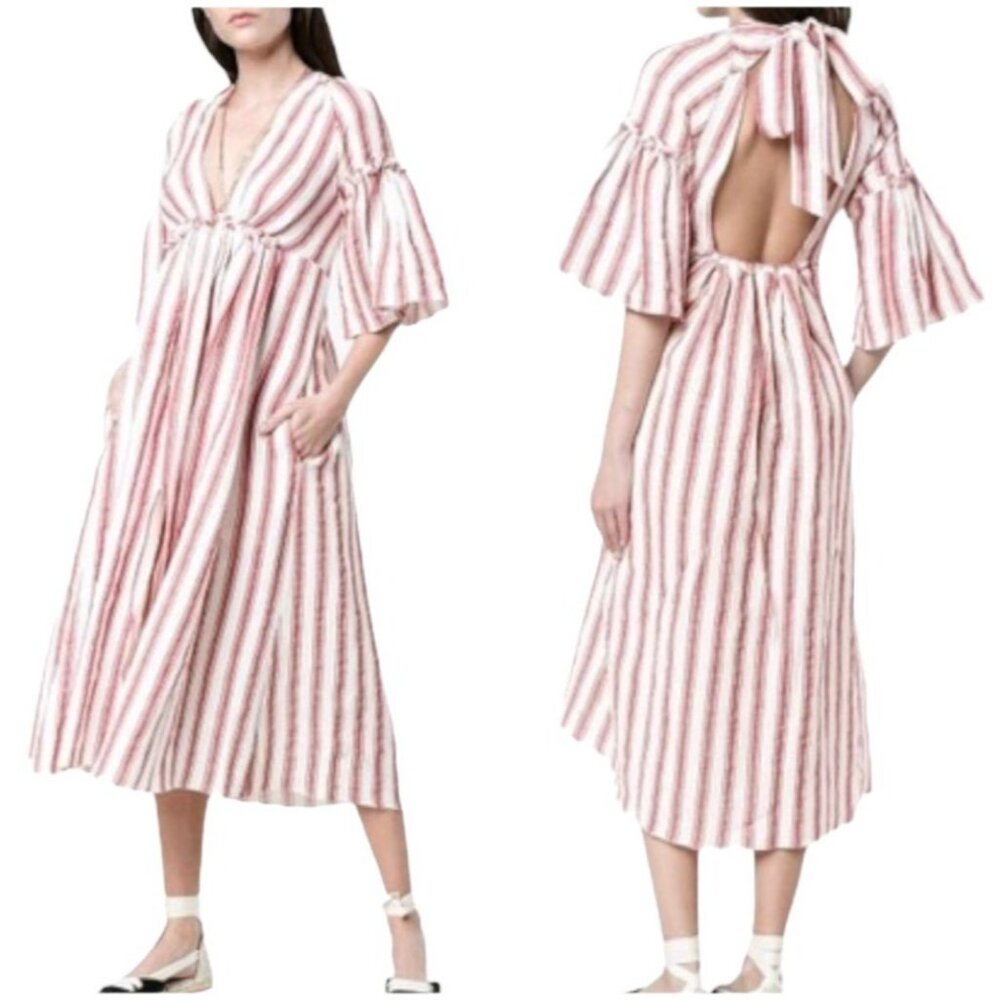 Three Graces London Red & White Striped Linen Open Back‎ Georgianna Midi Dress 6
